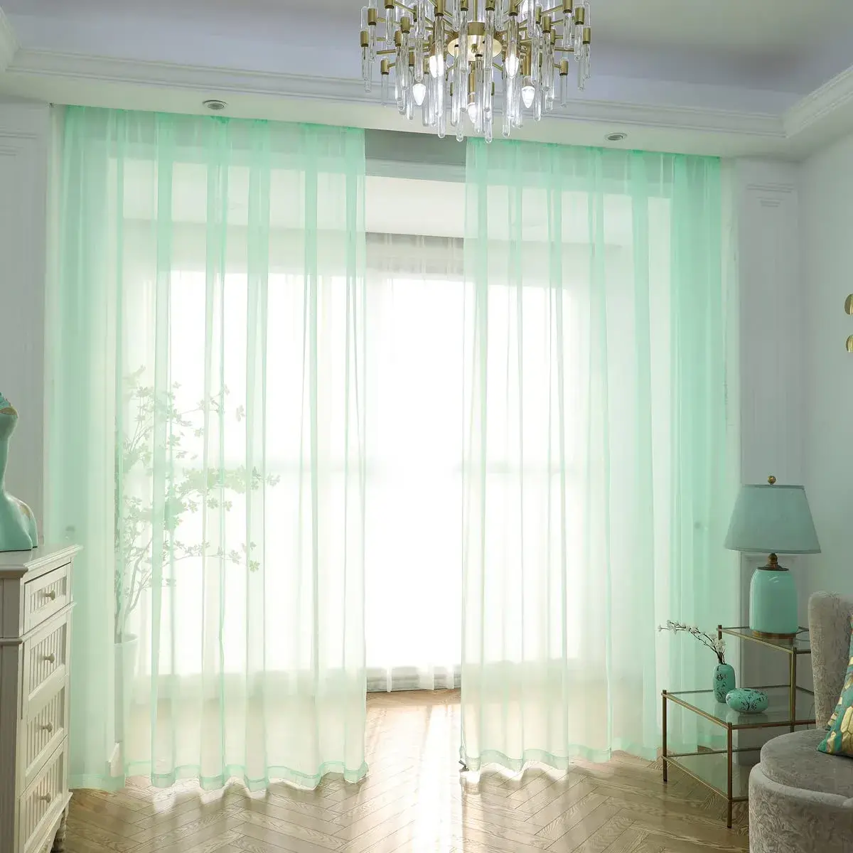 PHILEASY Light Green Sheer Curtains 63" L (Pack of 2) | Light-Filtering Rod Pocket Panels - main product image