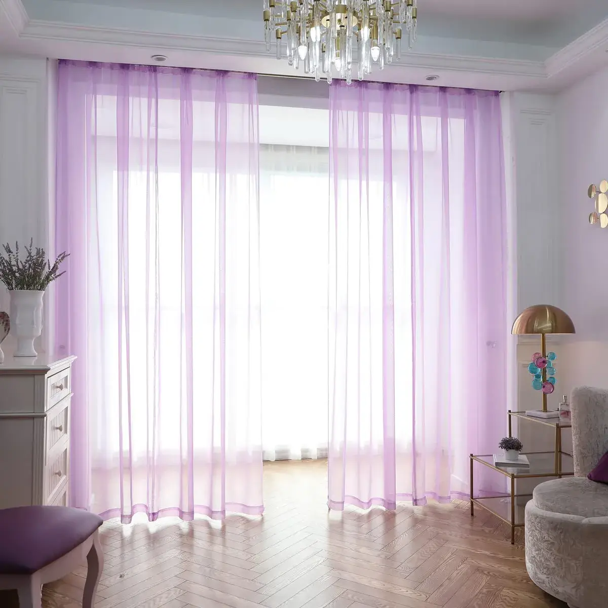 PHILEASY Purple Sheer Curtains 130" L x 52" W - Pack of 2 Light-Filtering Rod Pocket Panels - main product image