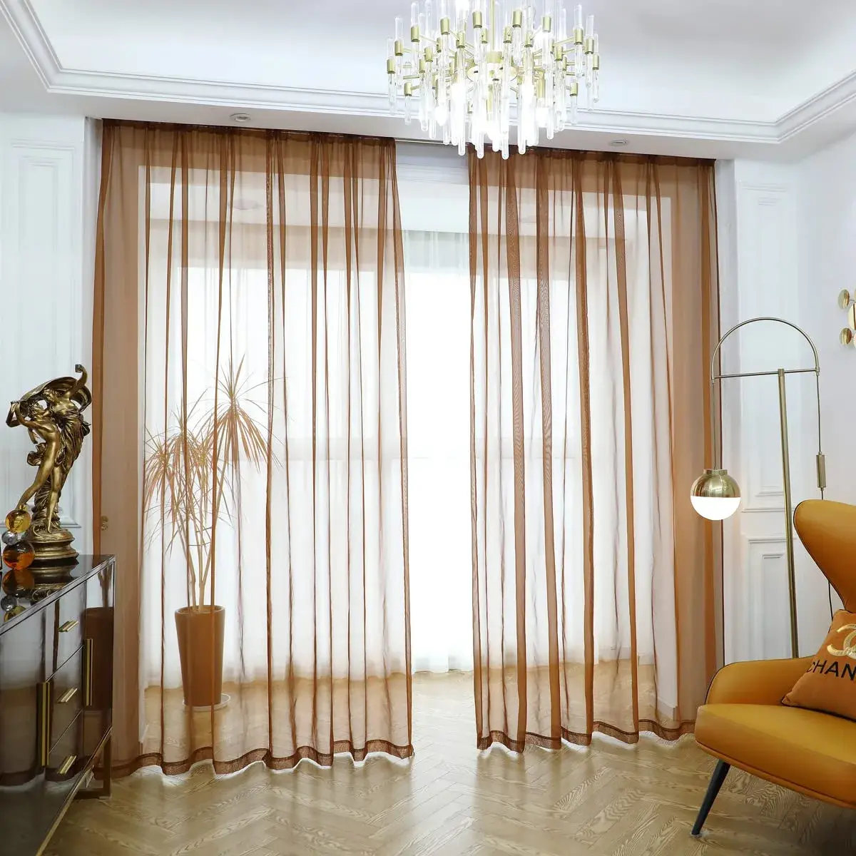 PHILEASY Brown Sheer Curtains 95 Inches Long - Pack of 2 Window Panels - main product image