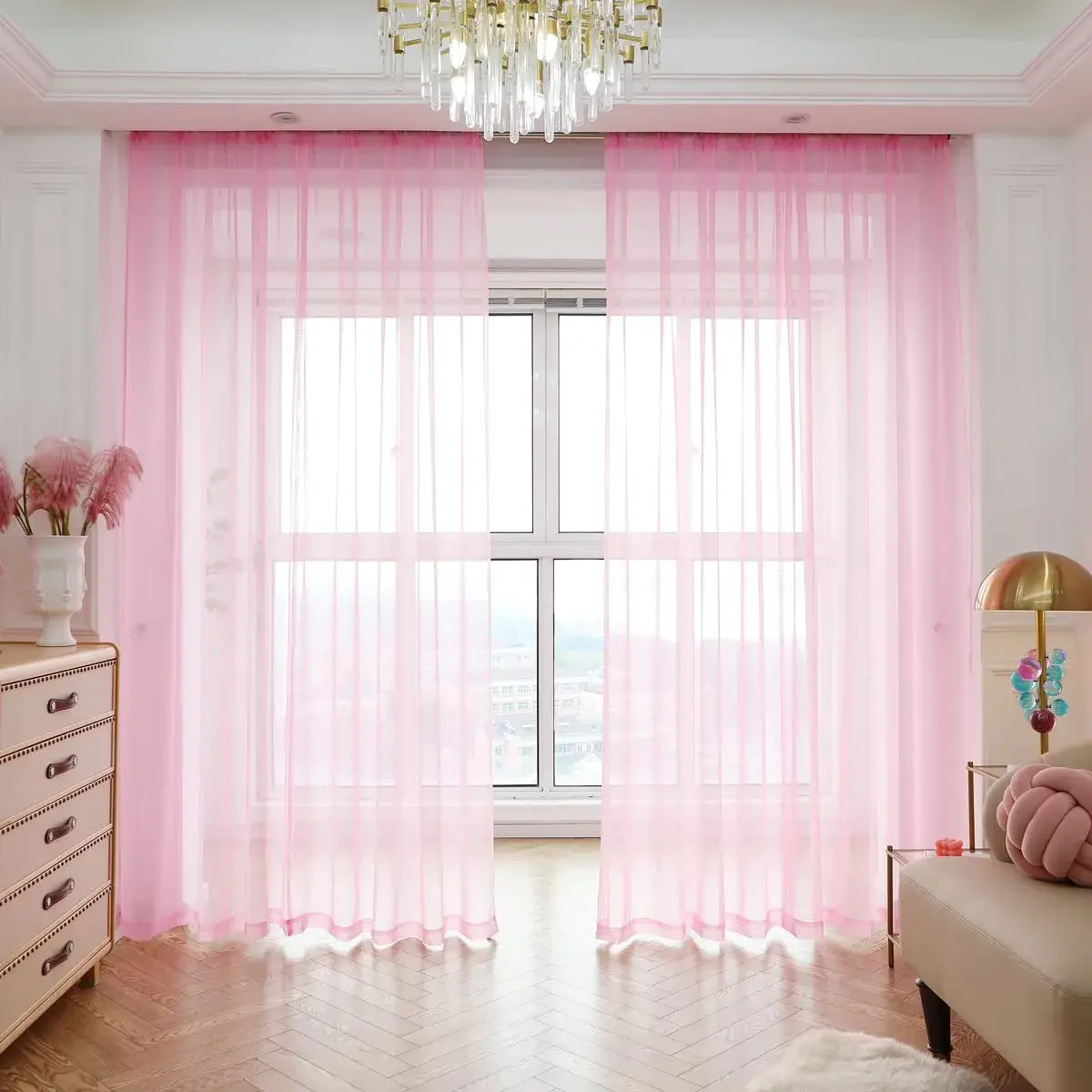 PHILEASY Pink Sheer Curtains 63" Long - Pack of 2 Light-Filtering Rod Pocket Panels - main product image