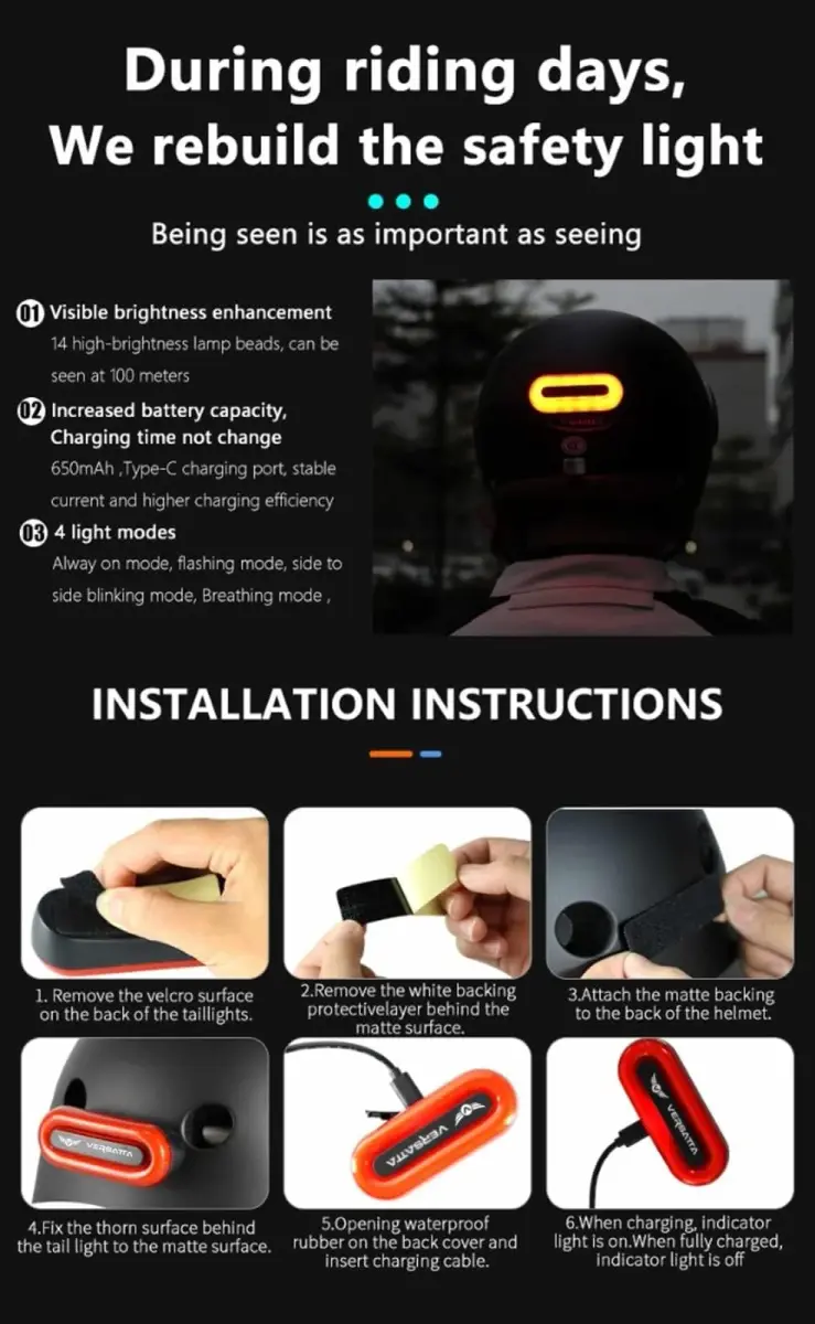 VERSATTA LED Helmet Light, Motorcycle Helmet Light, Bike Bicycle Rear Red Safety Light with Type-C Cable | 14 LED Lamp Beads, IPX6 Waterproof - view 10