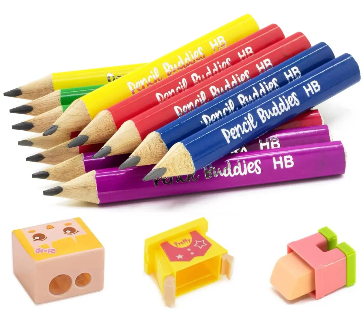 Pencil Buddies Short Jumbo Pencils for Kids | 12 Fat #2 Pencils with Triangle Grip, 1 Sharpener & Eraser (Color DIY) - main product image