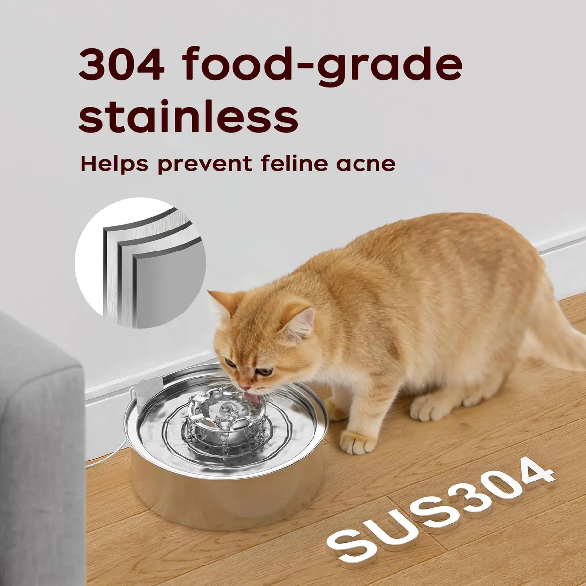 OYES Cat Water Fountain, Stainless Steel 2L | Ultra-Quiet Circulating Pet Water Dispenser - view 2
