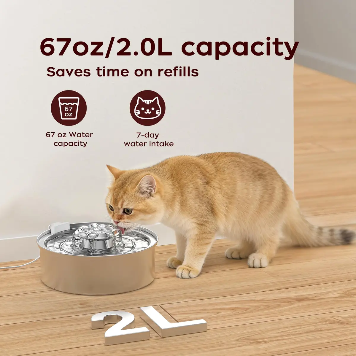 OYES Cat Water Fountain, Stainless Steel 2L | Ultra-Quiet Circulating Pet Water Dispenser - view 3
