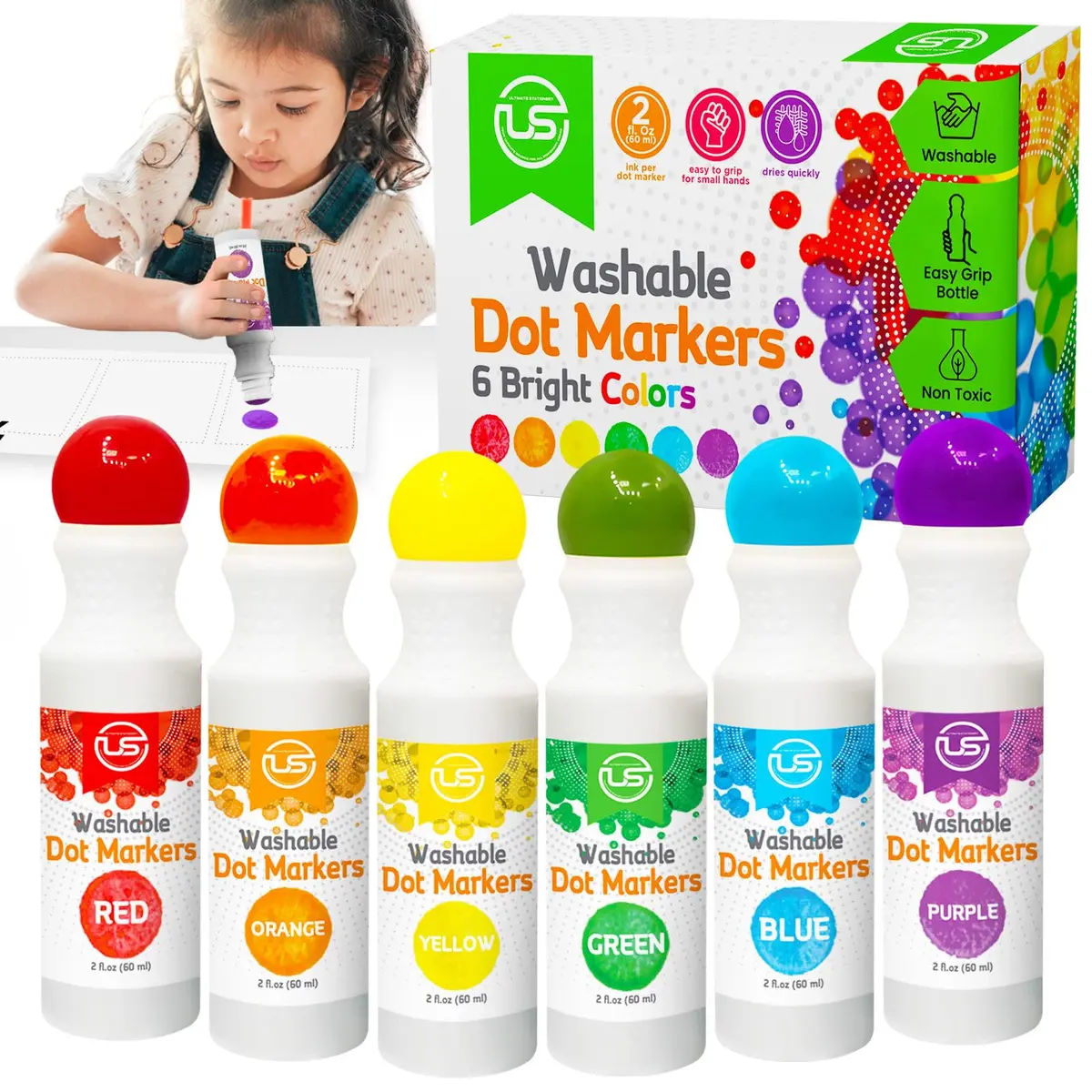 Ultimate Stationery Dot Markers for Toddlers and Kids, 6 Color Bingo Daubers, Washable Paint Markers (6-Pack) - main product image