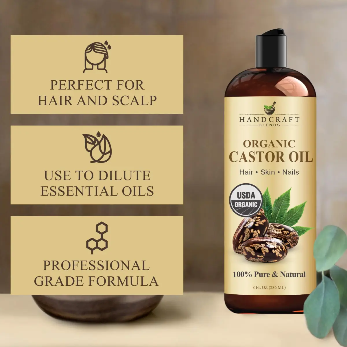 Handcraft Blends Organic Castor Oil 237ml (8 Fl Oz) | USDA Certified Pure & Natural for Hair Growth, Eyelashes, Skin Moisturizer - view 2