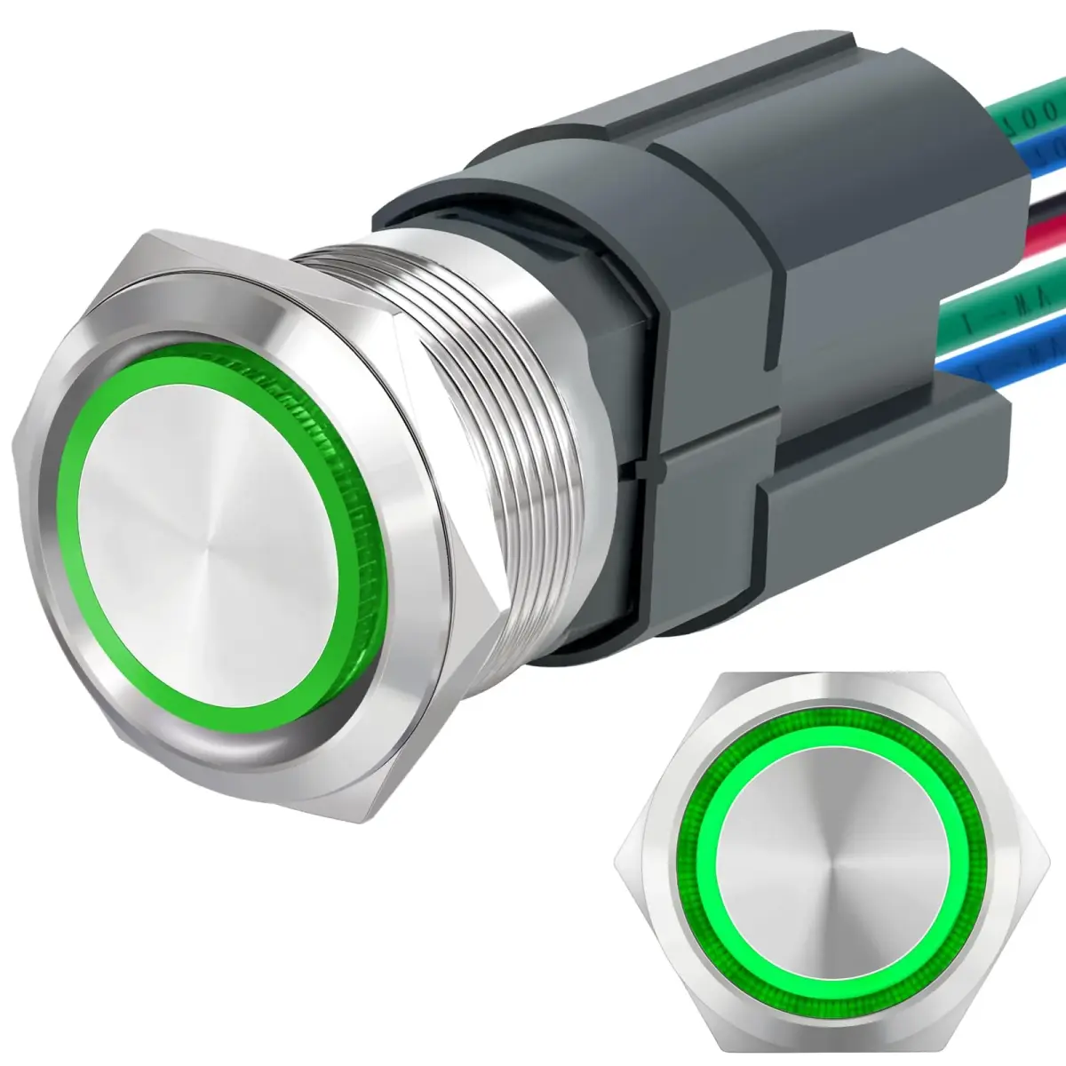 ZJWZJH Latching Push Button Switch 22mm 15A with Green LED | DPST 2NO, IP67 Waterproof, 12V - main product image