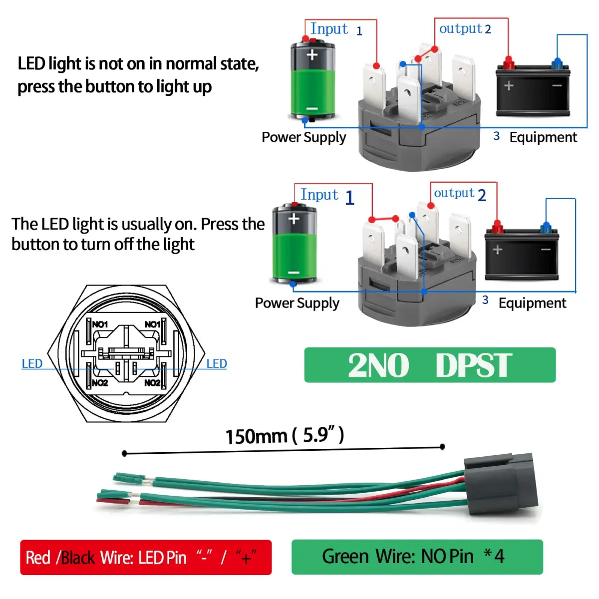 ZJWZJH Latching Push Button Switch 22mm 15A with Green LED | DPST 2NO, IP67 Waterproof, 12V - view 8