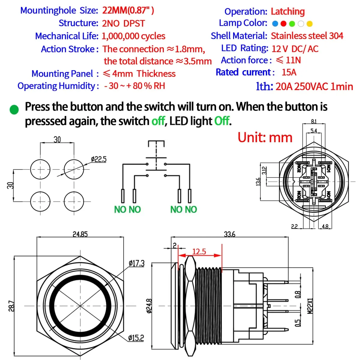 ZJWZJH Latching Push Button Switch 22mm 15A with Green LED | DPST 2NO, IP67 Waterproof, 12V - view 2