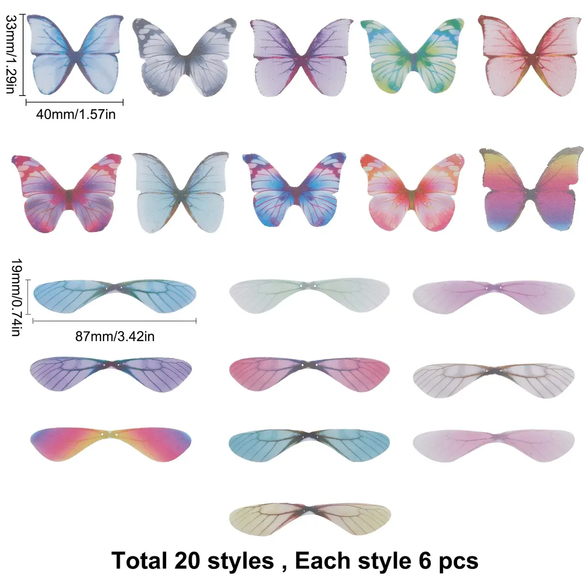 SUNNYCLUE 120Pcs 20 Styles Fabric Wings Charms | Dragonfly & Butterfly Pendants for DIY Jewelry Crafts - view 2