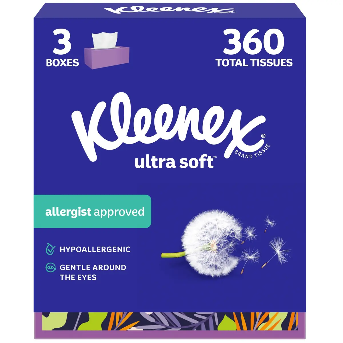 Kleenex Ultra Soft Facial Tissues 3-Ply 360 Tissues (120 per Box) | Hypoallergenic & Dermatologist Tested - main product image