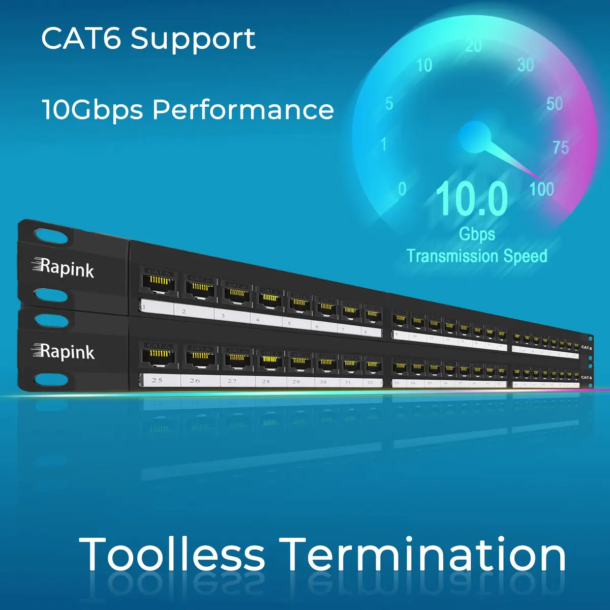 Rapink 48 Port Cat6 Patch Panel 19-Inch Rack Mount | 10Gbps Speed, Toolless Termination, UTP Network for Cat6/Cat5e/Cat5 Cabling - view 2