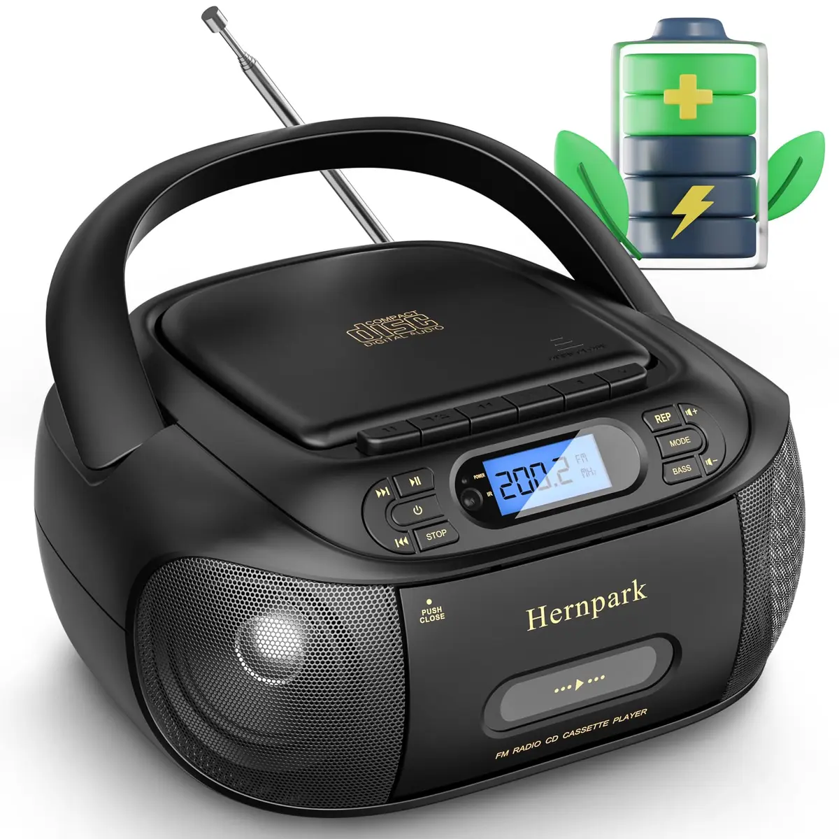 Hernpark CD Cassette Player Combo 9.33x8.62x4.65 inches | Bluetooth & FM Radio with Super Bass - main product image
