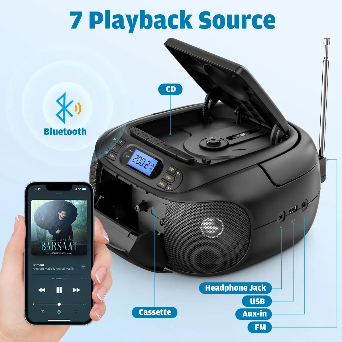 Hernpark CD Cassette Player Combo 9.33x8.62x4.65 inches | Bluetooth & FM Radio with Super Bass - view 2