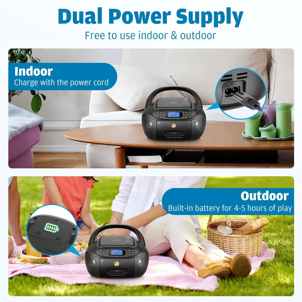 Hernpark CD Cassette Player Combo 9.33x8.62x4.65 inches | Bluetooth & FM Radio with Super Bass - view 3