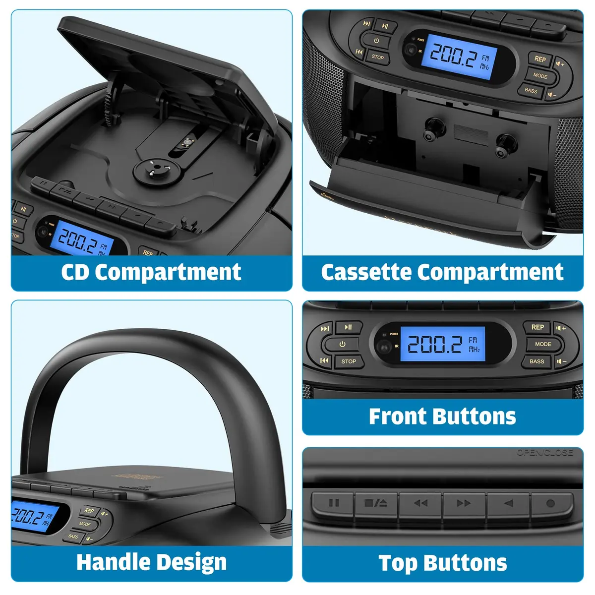 Hernpark CD Cassette Player Combo 9.33x8.62x4.65 inches | Bluetooth & FM Radio with Super Bass - view 4