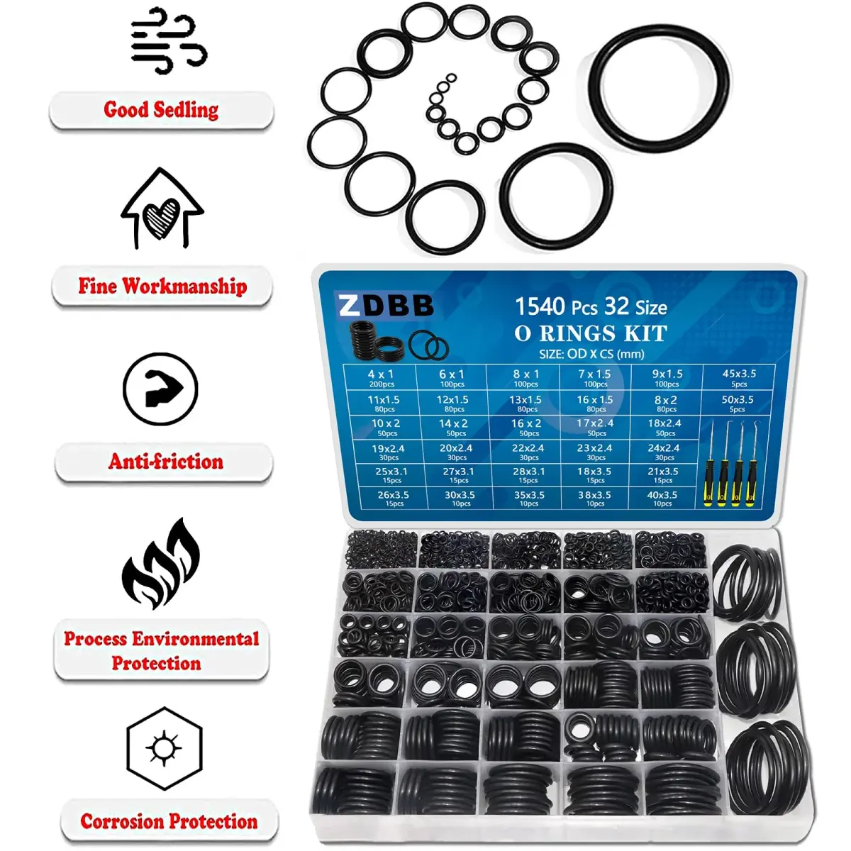 ZDBB 1540 Pcs Metric Nitrile Rubber O-Ring Assortment Kit with 4 Picks | 32 Sizes OD 4mm-50mm - view 6