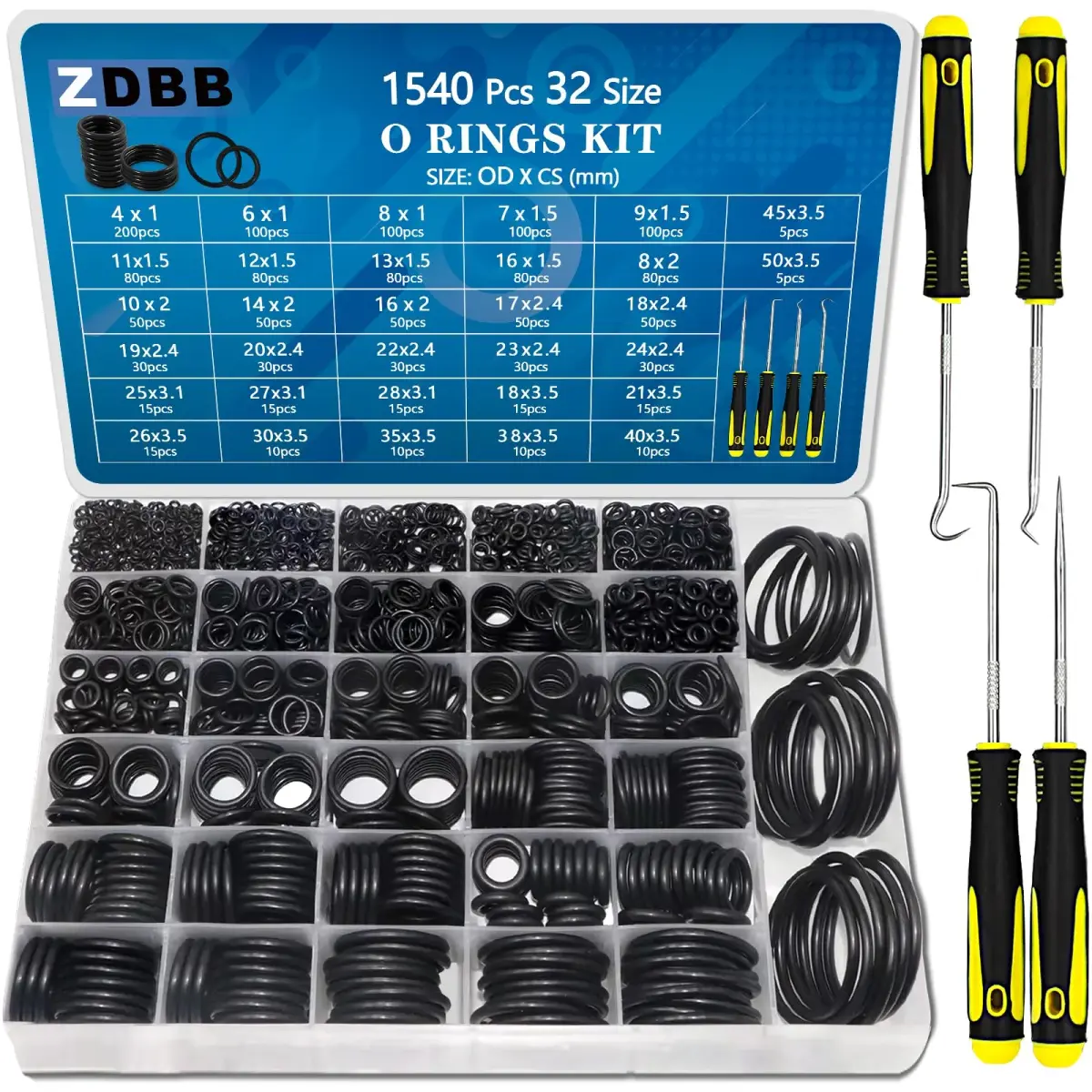 ZDBB 1540 Pcs Metric Nitrile Rubber O-Ring Assortment Kit with 4 Picks | 32 Sizes OD 4mm-50mm - main product image
