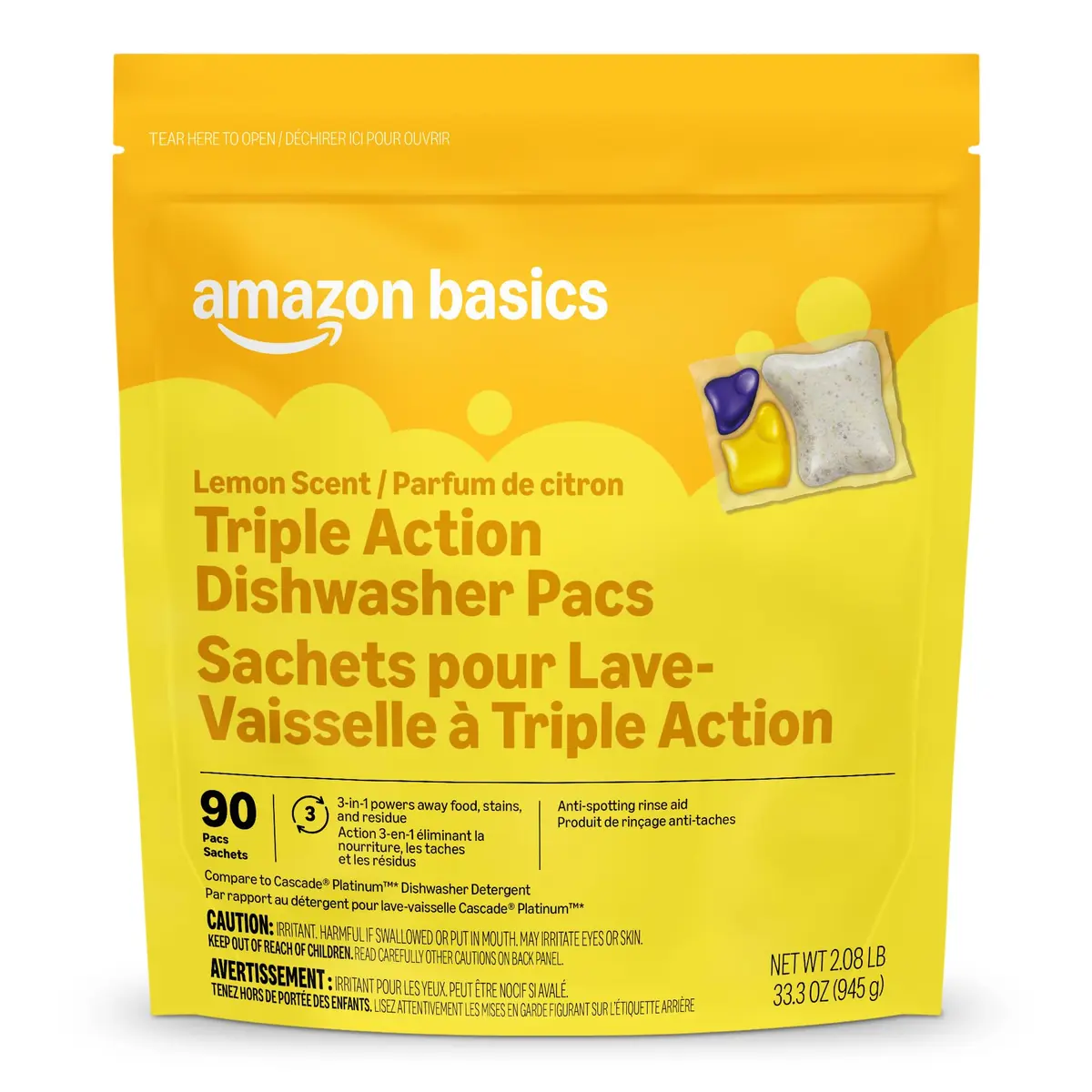 Amazon Basics Triple Action Dishwasher Pacs Lemon Scent 90 Count | Powers Away Food and Stains - main product image