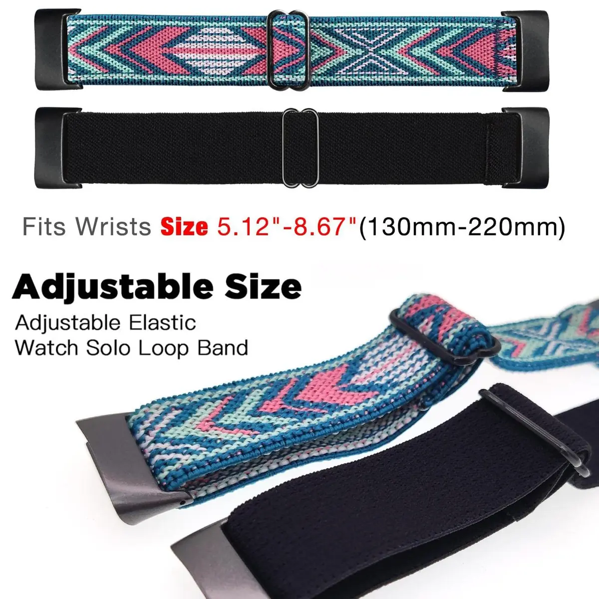 Abanen Elastic Nylon Bands for Fitbit Charge 6 / Charge 5, 2 Pack (Black-Blue Pink), 130-220mm Wrist Size | Breathable & Adjustable Fit - view 4