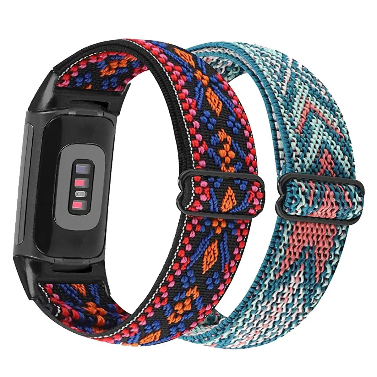 Abanen Elastic Bands for Fitbit Charge 5 & 6 | Breathable Nylon Strap with Adjustable Clasp (Blue Pink-Red Orange, 220mm) - main product image