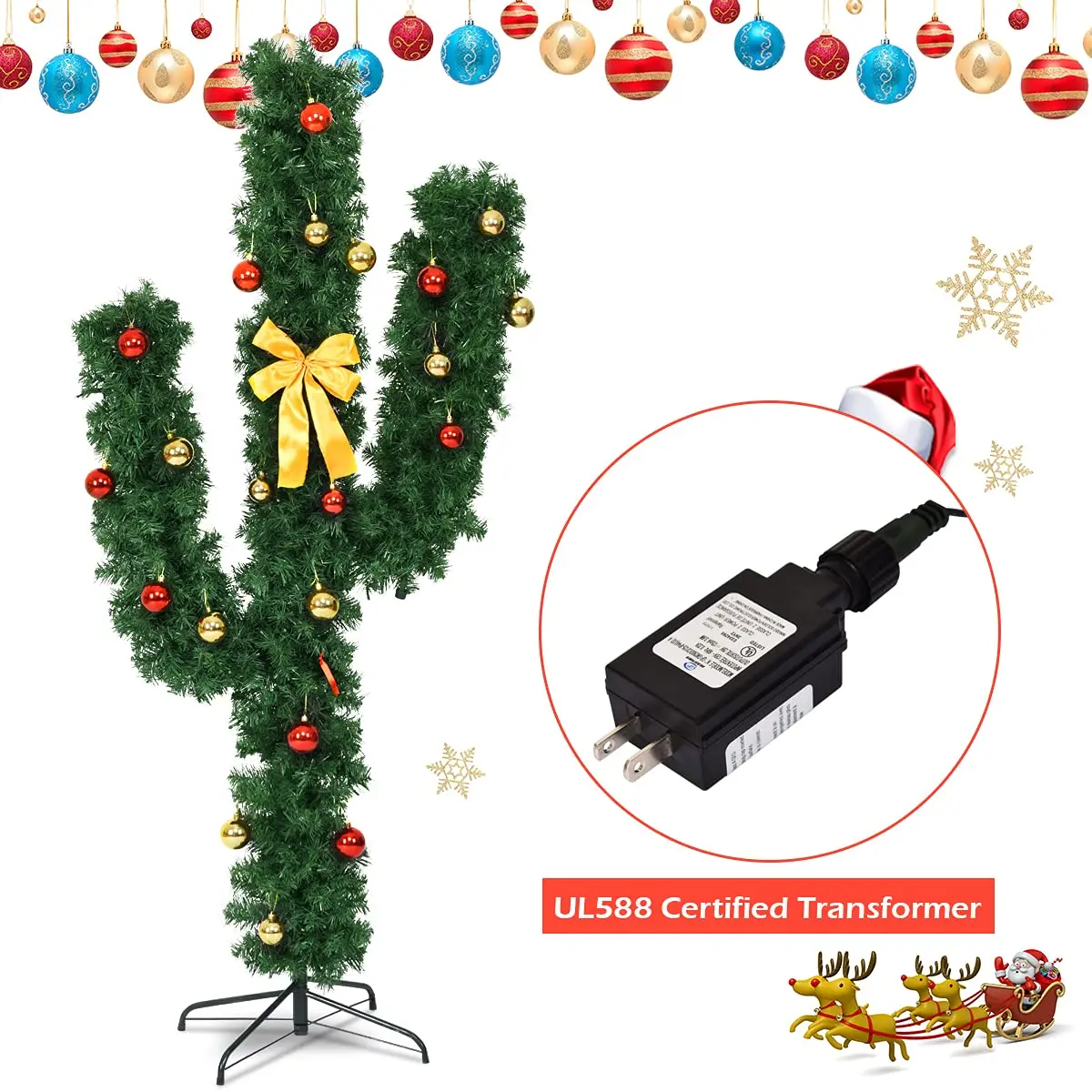 DREAMADE 6ft Pre-Lit Cactus Artificial Christmas Tree | Indoor Faux Seasonal Decor with 120 LED Lights - view 5