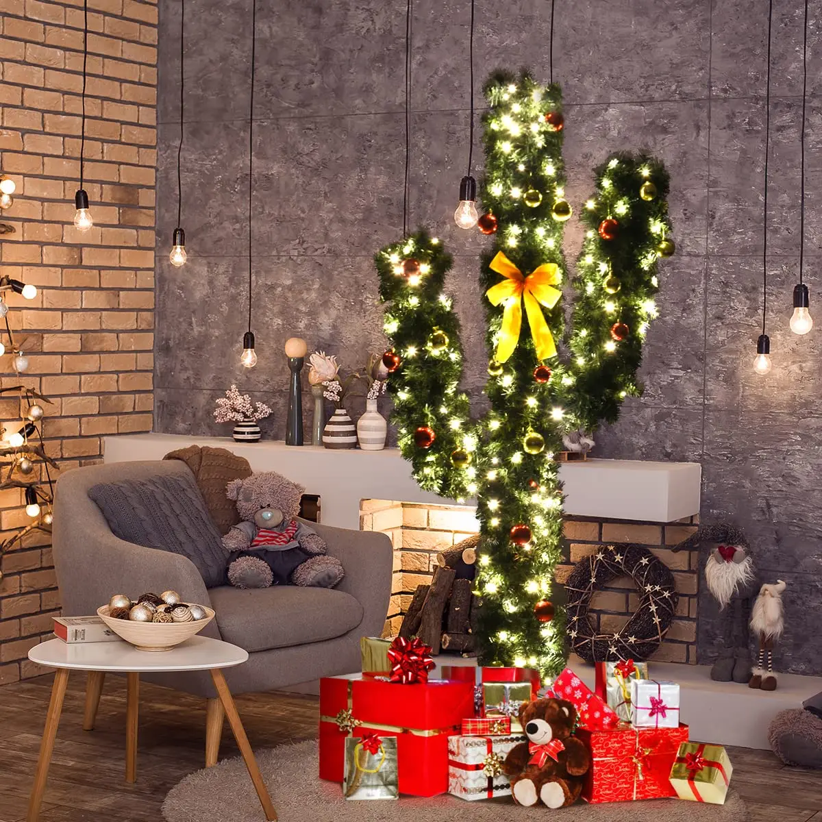 DREAMADE 6ft Pre-Lit Cactus Artificial Christmas Tree | Indoor Faux Seasonal Decor with 120 LED Lights - view 2