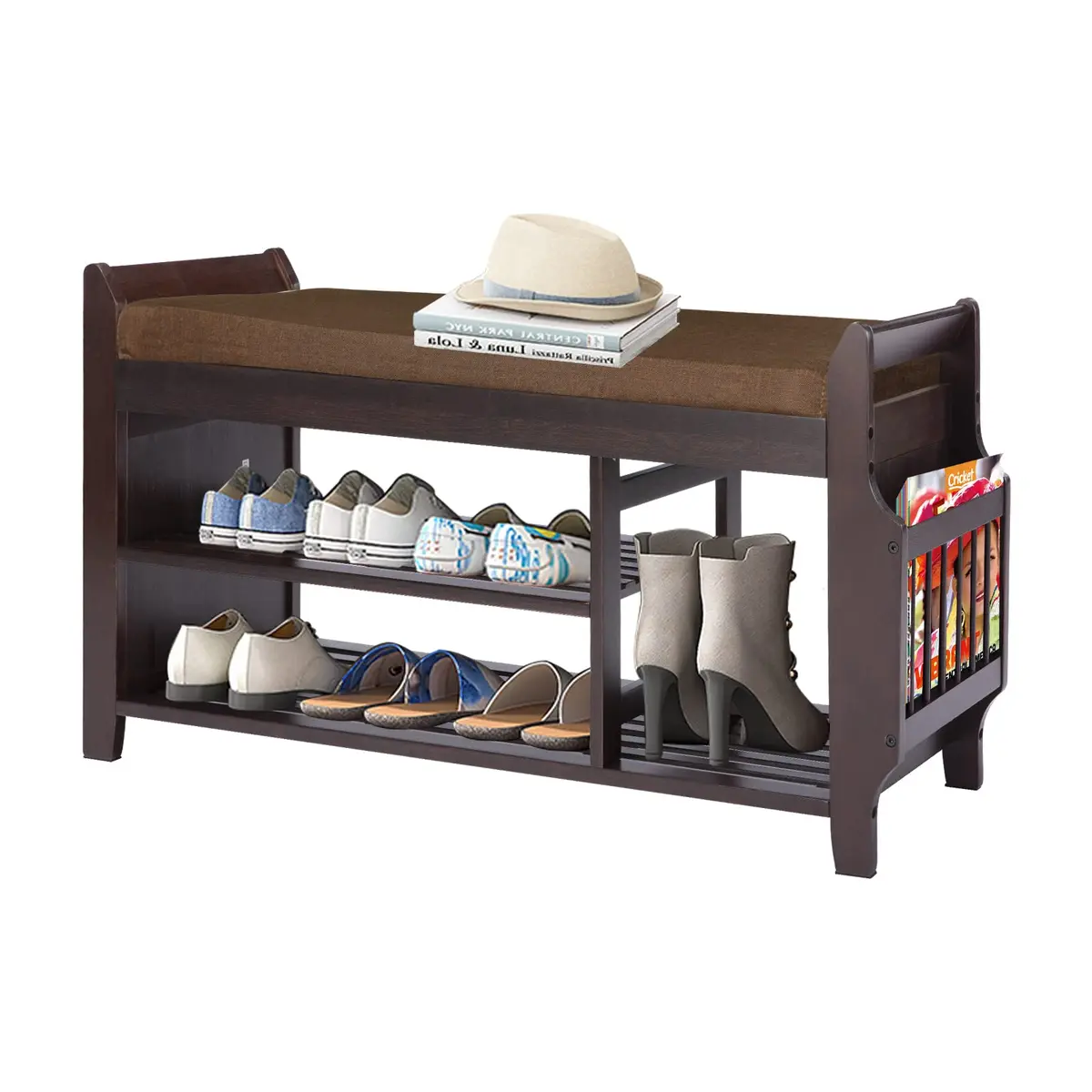 FURFIMU Entryway Shoe Bench with Bamboo Seat, 2-Tier Shoe Bench, Brown Cushion, Umbrella Holder | Durable Bamboo & Easy Assembly - main product image