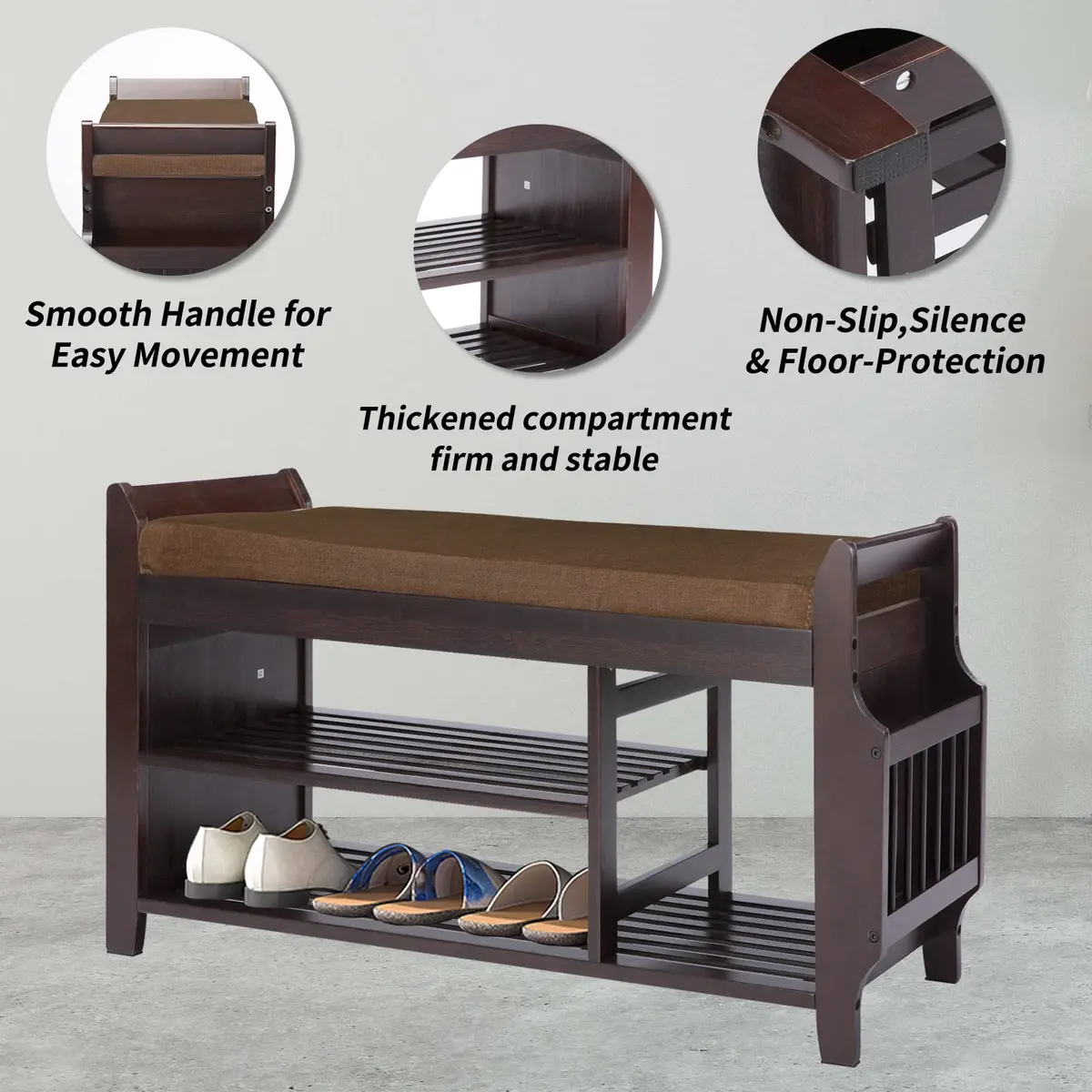 FURFIMU Entryway Shoe Bench with Bamboo Seat, 2-Tier Shoe Bench, Brown Cushion, Umbrella Holder | Durable Bamboo & Easy Assembly - view 5