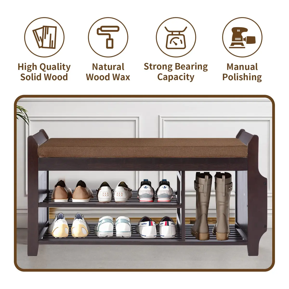FURFIMU Entryway Shoe Bench with Bamboo Seat, 2-Tier Shoe Bench, Brown Cushion, Umbrella Holder | Durable Bamboo & Easy Assembly - view 6