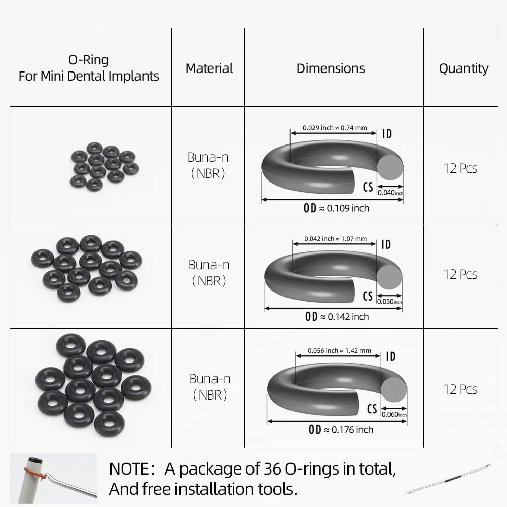 FUSHIPRO Buna-n O-Ring Tool Kit with 3 Sizes, 36 Pieces | Replacement for Mini Dental Implants - view 2