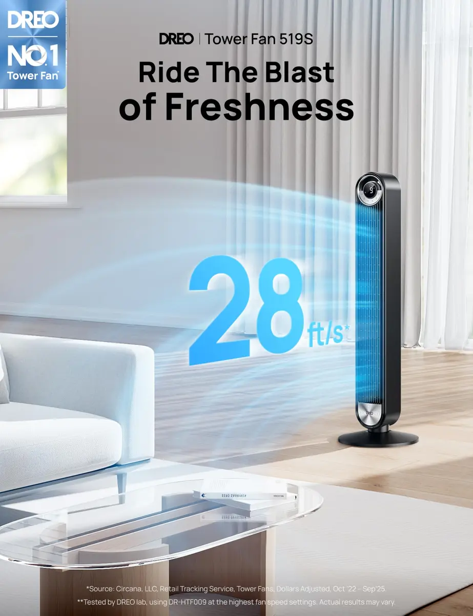 DREO Smart Tower Fan for Bedroom, 42 inch, 9 Speeds, DC Motor, Quiet & WiFi Control - view 2
