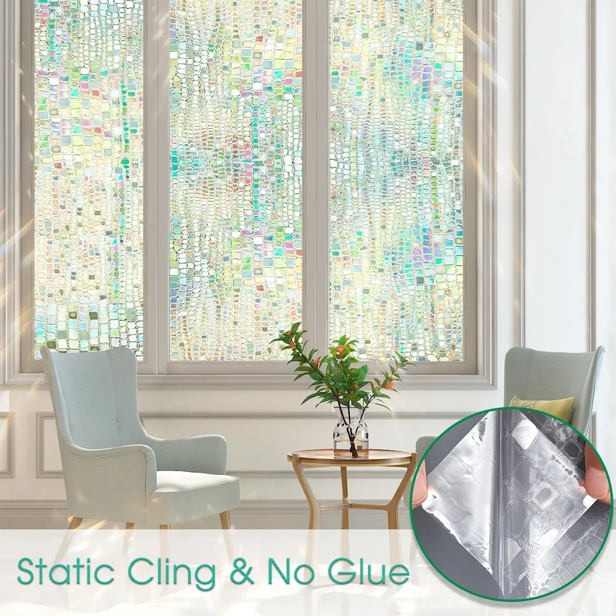 Beautysaid Window Privacy Film Stained Glass 3D Rainbow (Pure,17.5x78.7in) | UV Block & Privacy with Easy Reapplication - view 5