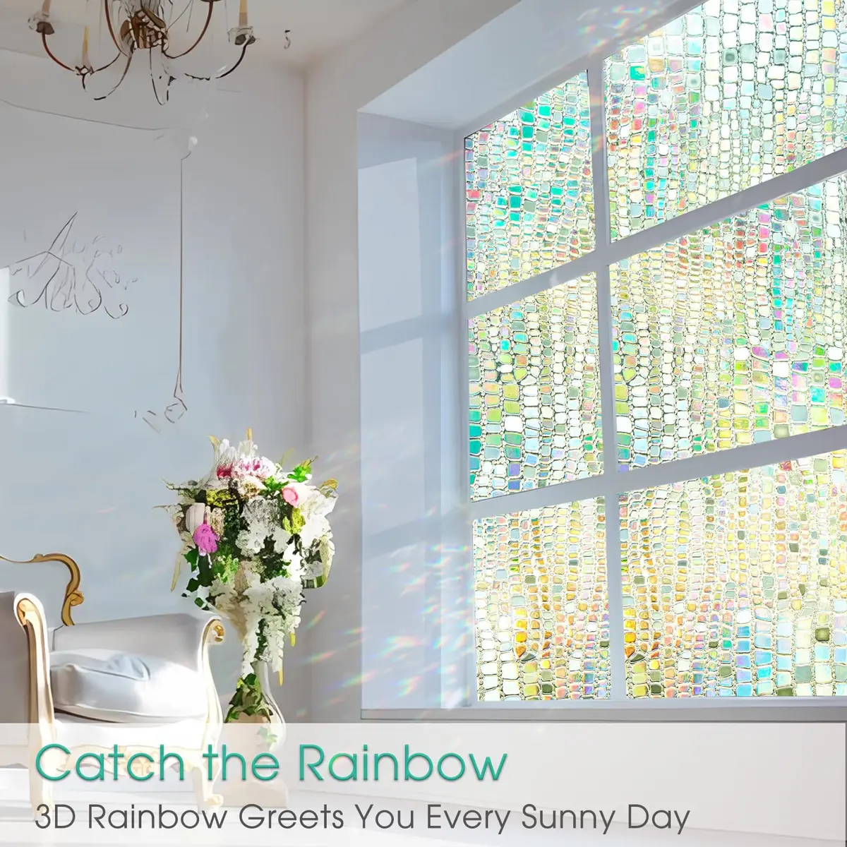 Beautysaid Window Privacy Film Stained Glass 3D Rainbow (Pure,17.5x78.7in) | UV Block & Privacy with Easy Reapplication - view 2