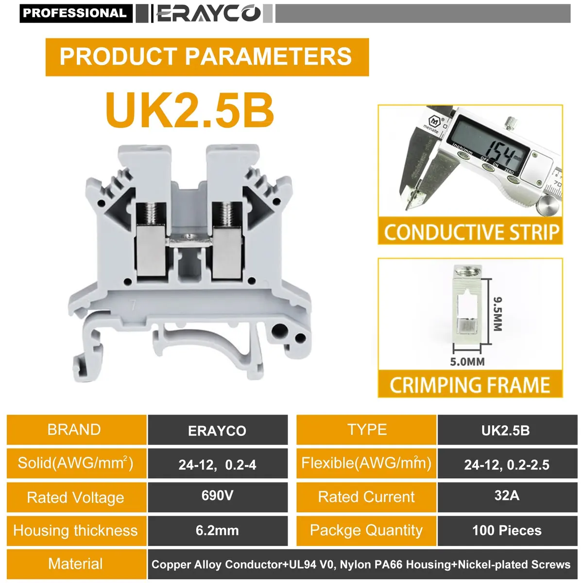Erayco UK2.5B-WR DIN Rail Terminal Block, Screw Clamp, 690V 32A, 24-12AWG, Pack of 100 | Vibration & Thermal Resilience - view 3