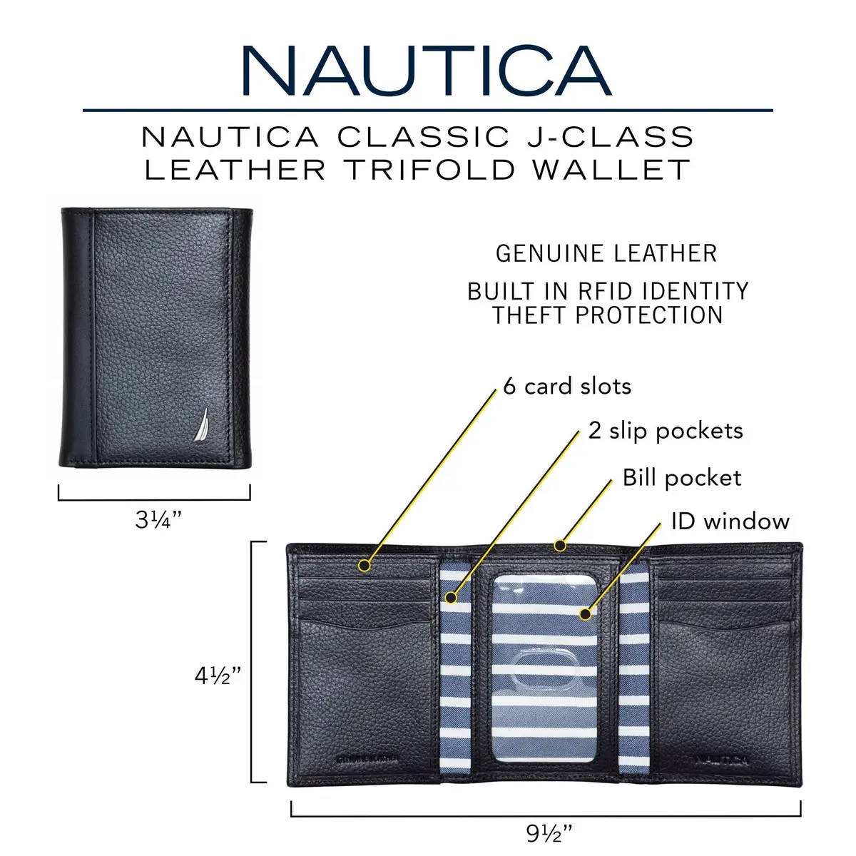 Nautica Men's Classic Trifold Wallet | RFID Blocking Protection | Genuine Leather | Black | 8.9cm (3.5") - view 6