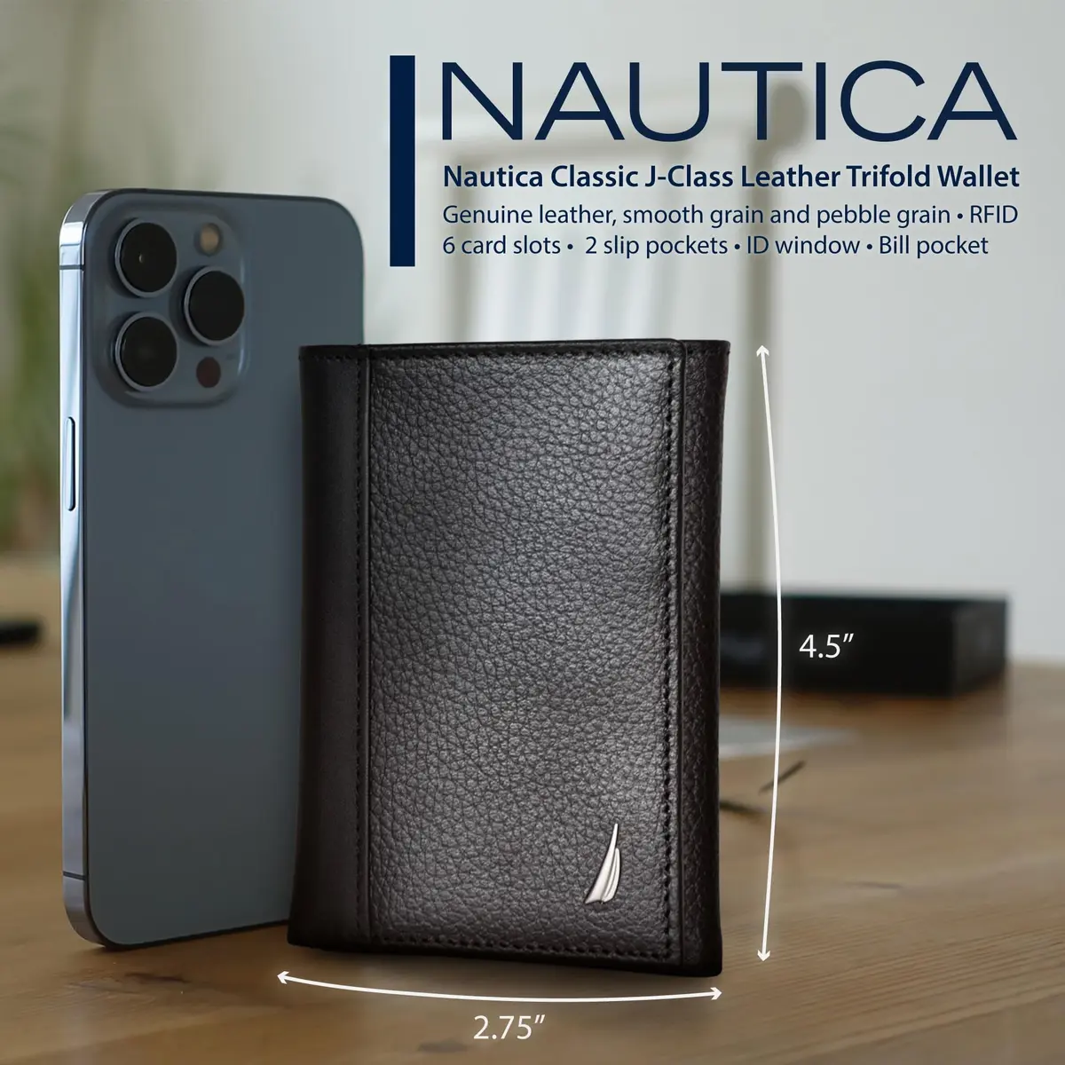 Nautica Men's Classic Trifold Wallet | RFID Blocking Protection | Genuine Leather | Black | 8.9cm (3.5") - view 4