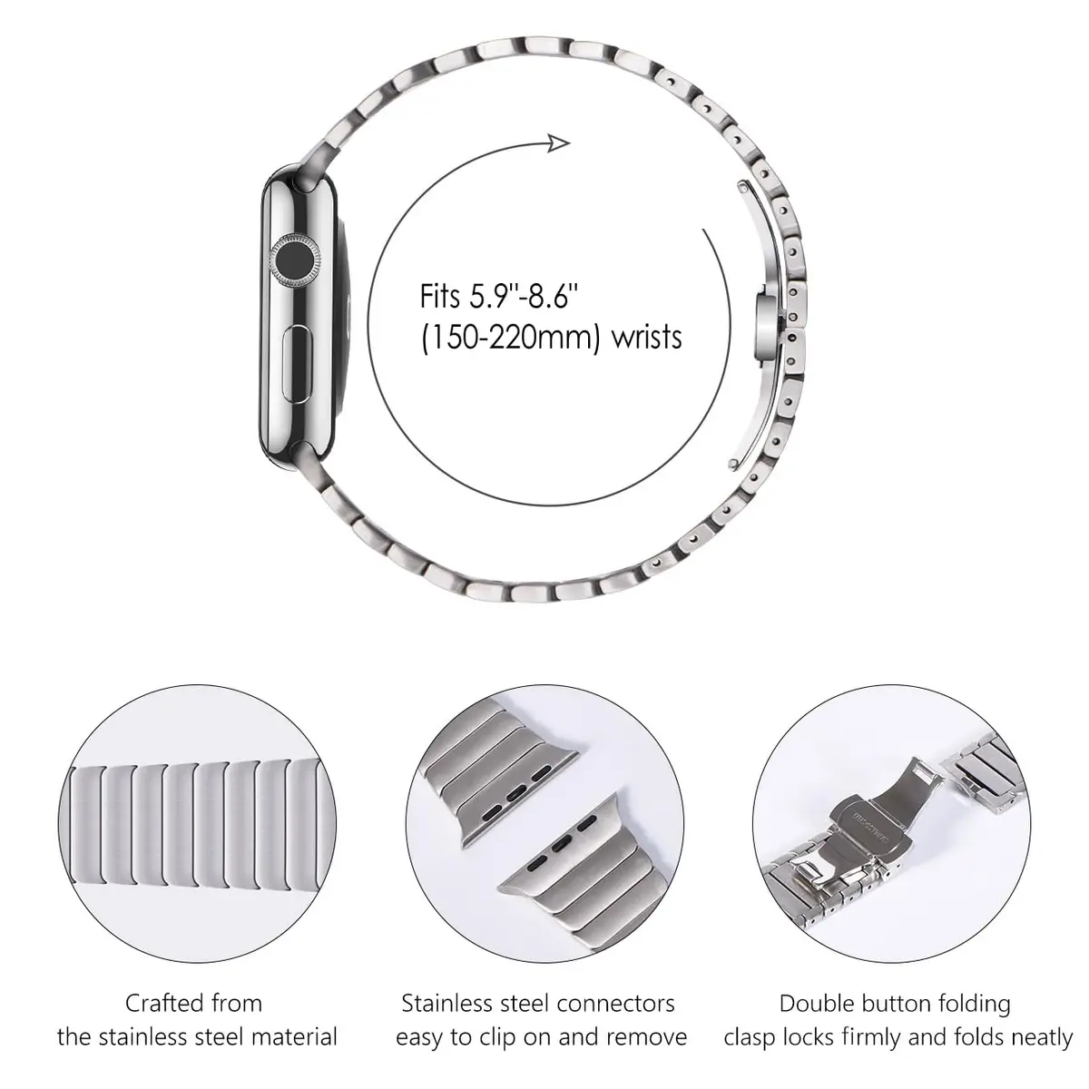 NewWays Metal Link Bracelet Band for Apple Watch 40mm/41mm/42mm/44mm/45mm Silver | Premium Stainless Steel - view 3
