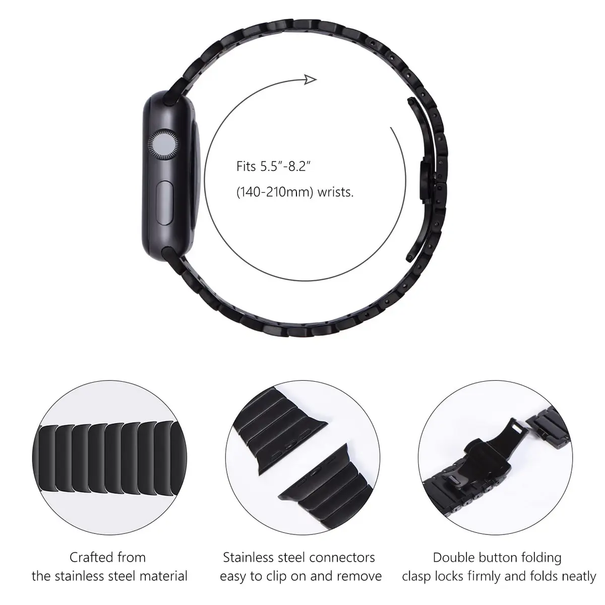 NewWays Stainless Steel Metal Band Compatible with Apple Watch Ultra 2/Series 9/8/7/6/5/4/3/2/1 49mm/45mm/44mm/42mm/41mm Black | Adjustable Link Bracelet - view 6
