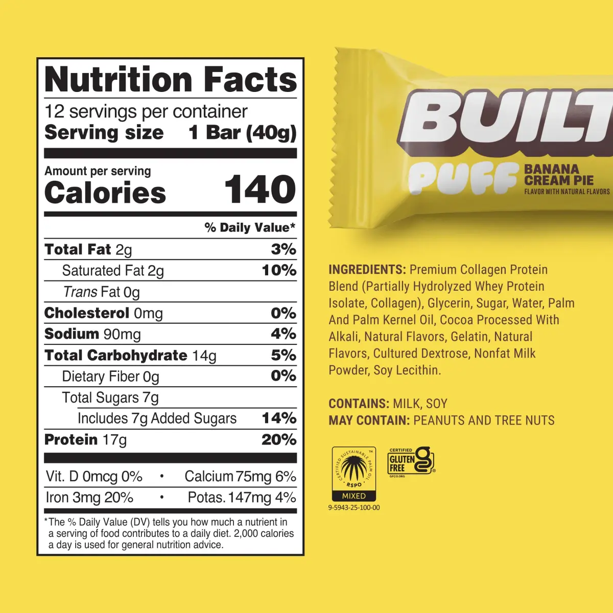 BUILT Puff Protein Bars Banana Cream Pie 17g (0.5 oz) | 17g Protein, Low Sugar, Gluten-Free - view 4