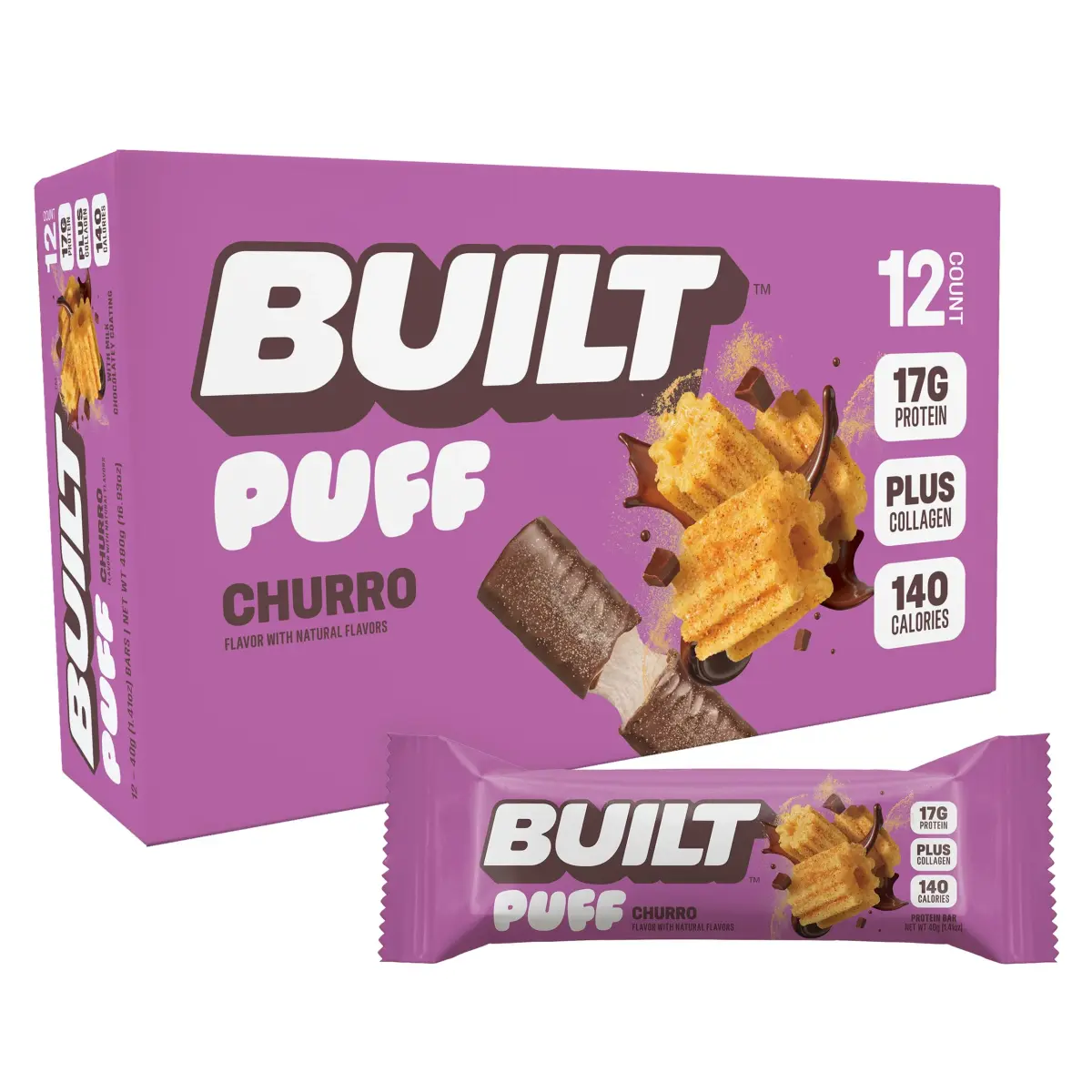 BUILT Puff Protein Bars Churro 12 Count (Pack of 1) | 17g Protein Snack Bar for All-Day Energy - main product image