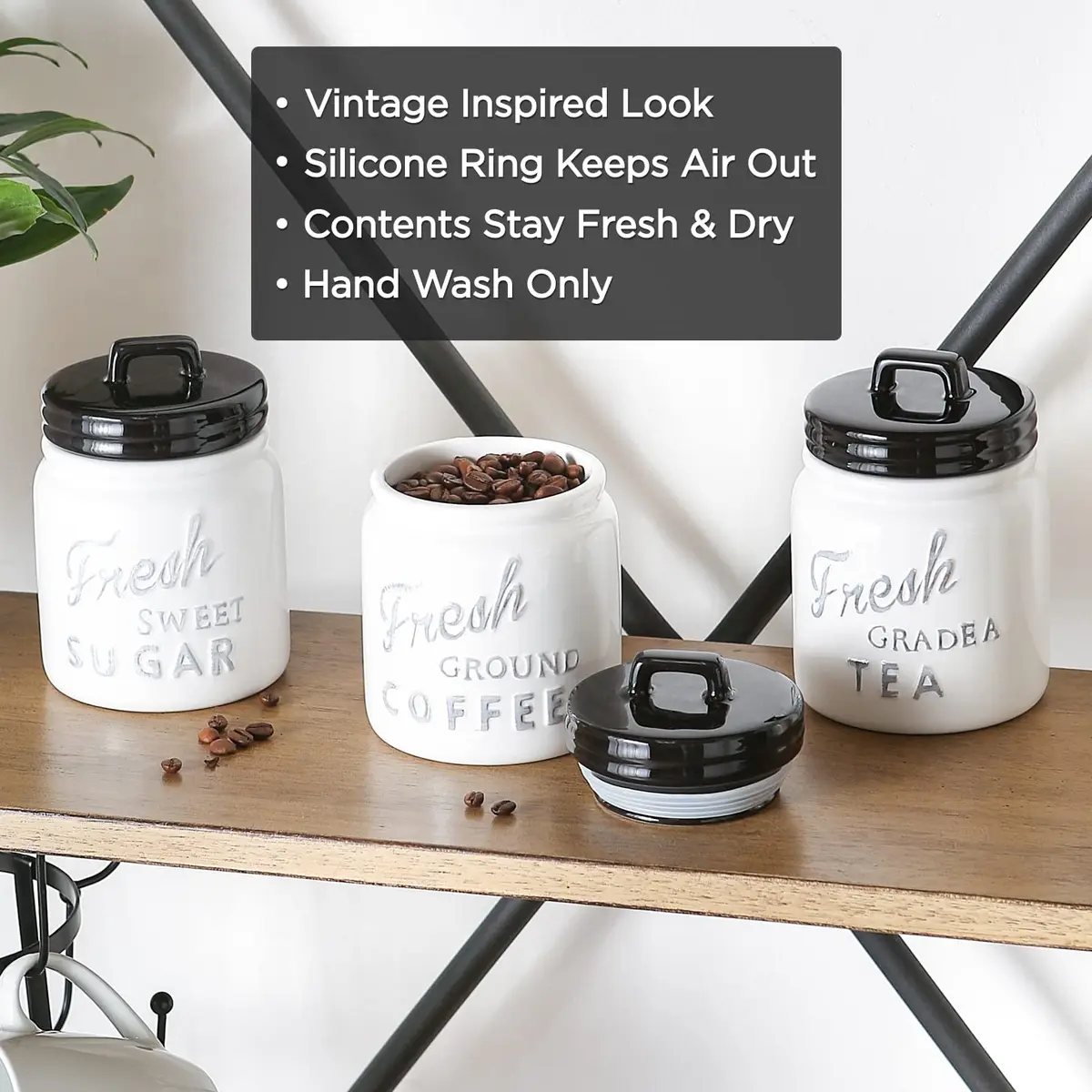 DII Ceramic Kitchen Canister Set with Bamboo Lids, 3-Piece Set (4.5"L x 4.5"W x 5.5"H, 6 Cups Total) | Airtight Seal for Dry Food Storage - view 7