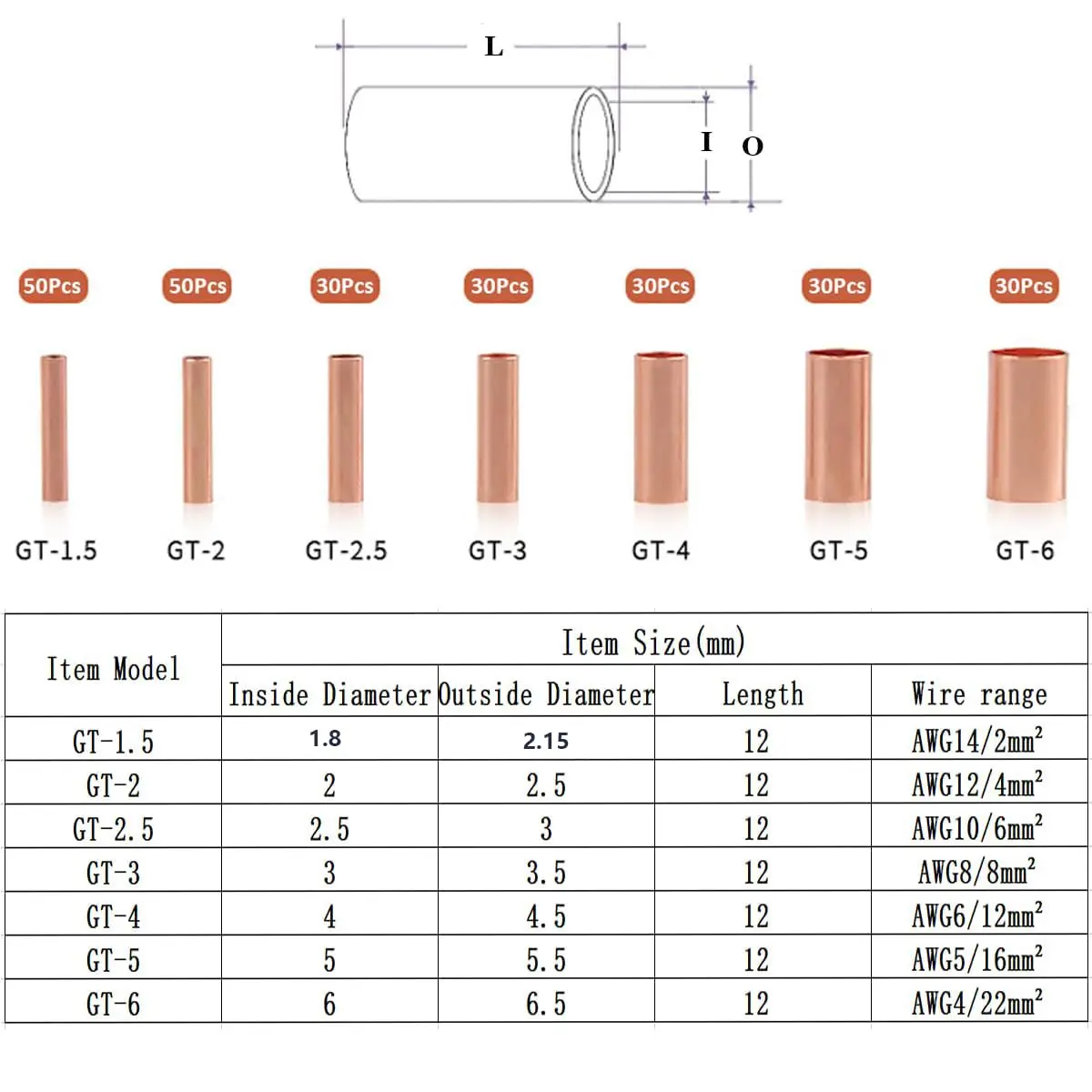 Teansic Copper Wire Ferrules Kit, 250Pcs, 7 Sizes, Non Insulated, Copper, AWG 8-18 | Reliable Electrical Connectors - view 2