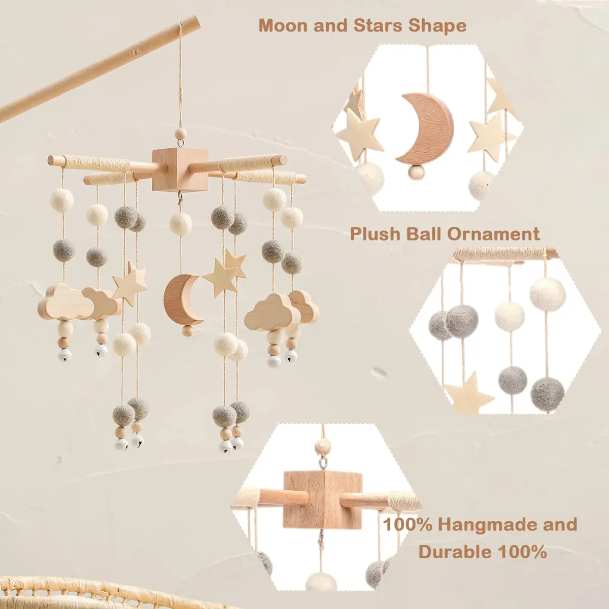 JETM·HH Baby Mobile for Crib | Boho Star Moon Nursery Decor | Grey 12.7cm (5 inch) | Gentle Hanging Decoration - view 2