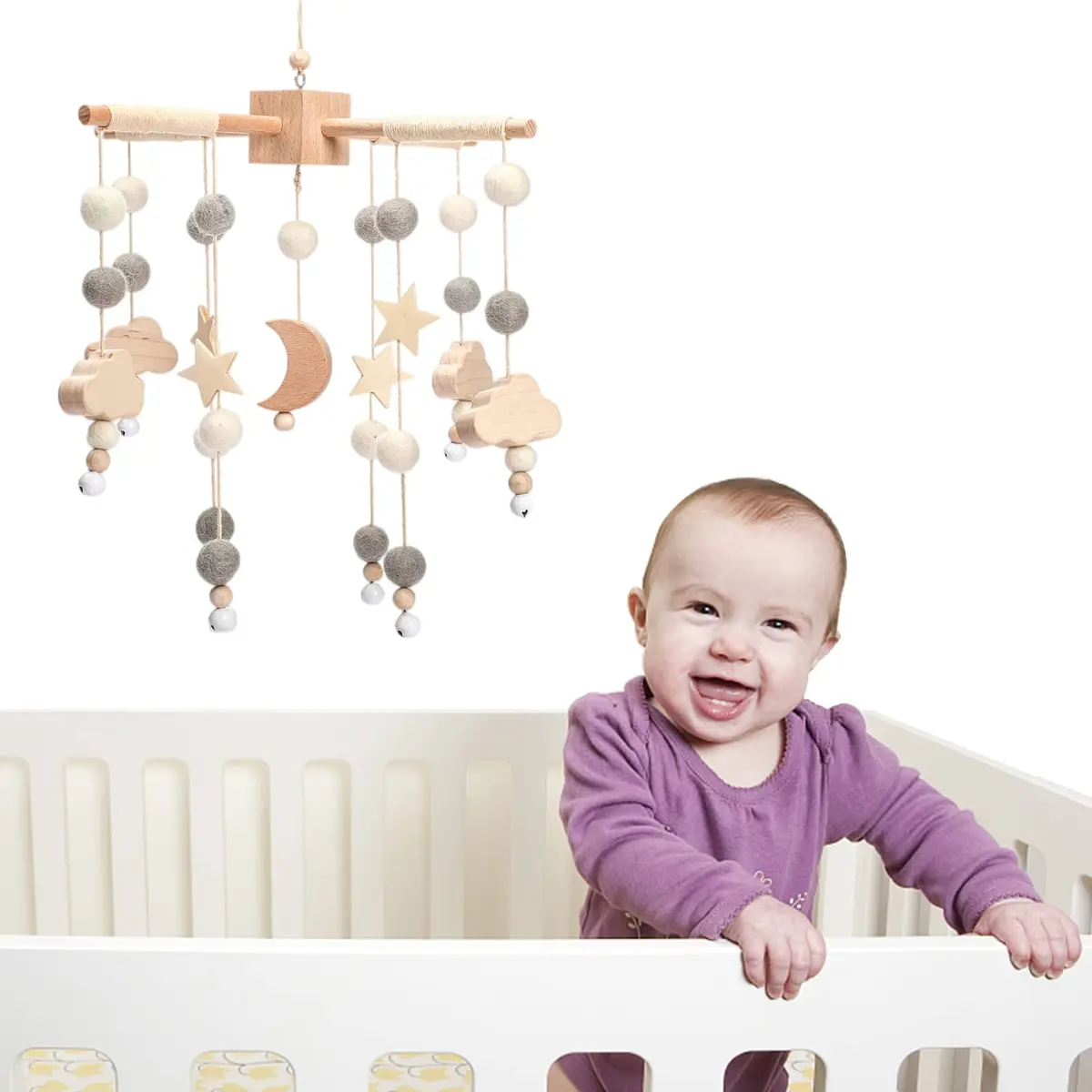 JETM·HH Baby Mobile for Crib | Boho Star Moon Nursery Decor | Grey 12.7cm (5 inch) | Gentle Hanging Decoration - view 3