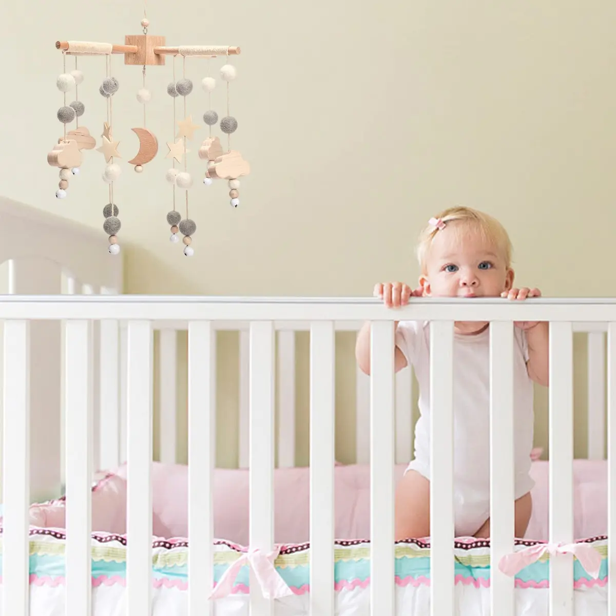 JETM·HH Baby Mobile for Crib | Boho Star Moon Nursery Decor | Grey 12.7cm (5 inch) | Gentle Hanging Decoration - view 4