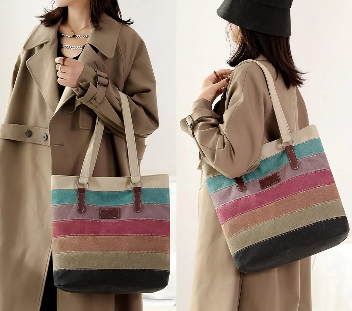 SNUG STAR Canvas Handbag Multi-Color Striped Lattice Cross Body Shoulder Purse Bag Tote-Handbag for Women (Multi Color E) 34cm (13.39in) H - view 3
