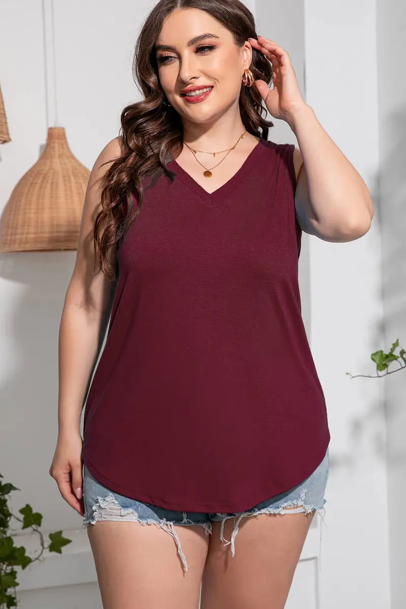 CARROTMOB Plus Size Womens Tank Tops Summer Sleeveless V Neck Casual Tshirts Wine red 2X | Loose Fit, Breathable Cotton Blend - view 2