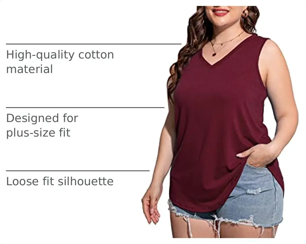 CARROTMOB Plus Size Womens Tank Tops Summer Sleeveless V Neck Casual Tshirts Wine red 2X | Loose Fit, Breathable Cotton Blend - view 4