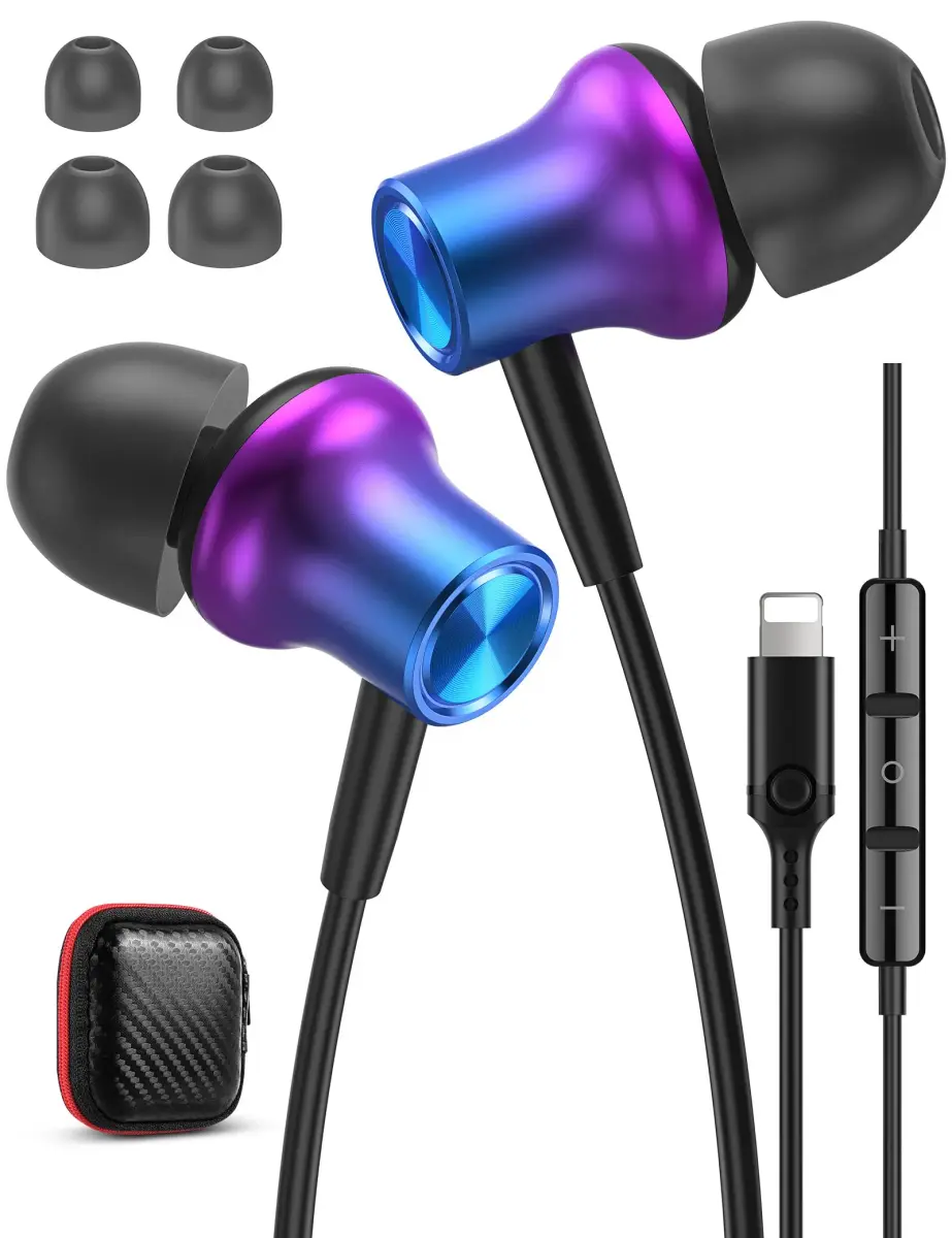 iMangoo MFi-Certified Wired Earbuds for Lightning Connector | Purple, 114dB Sensitivity - main product image